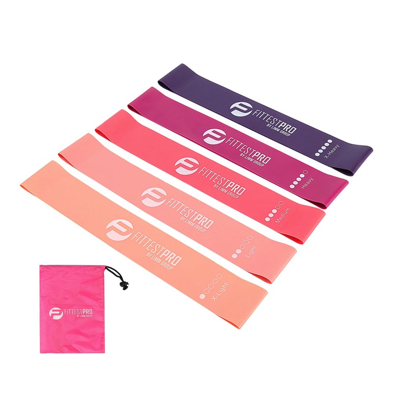 Limm Resistance Loop Exercise Bands - Set of 5 Stretch Bands for Working Out with Instruction Guide & Carry Bag - Elastic Band for Home Workout & Physical Therapy for Women and Men 12" x 2" - Image 1